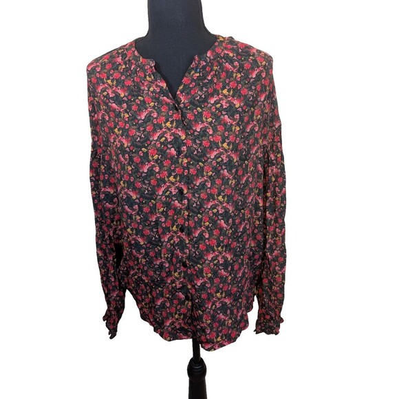 Something Navy Women Top Floral Moody Ruffle Button Down Casual Oversized Small - Picture 1 of 13